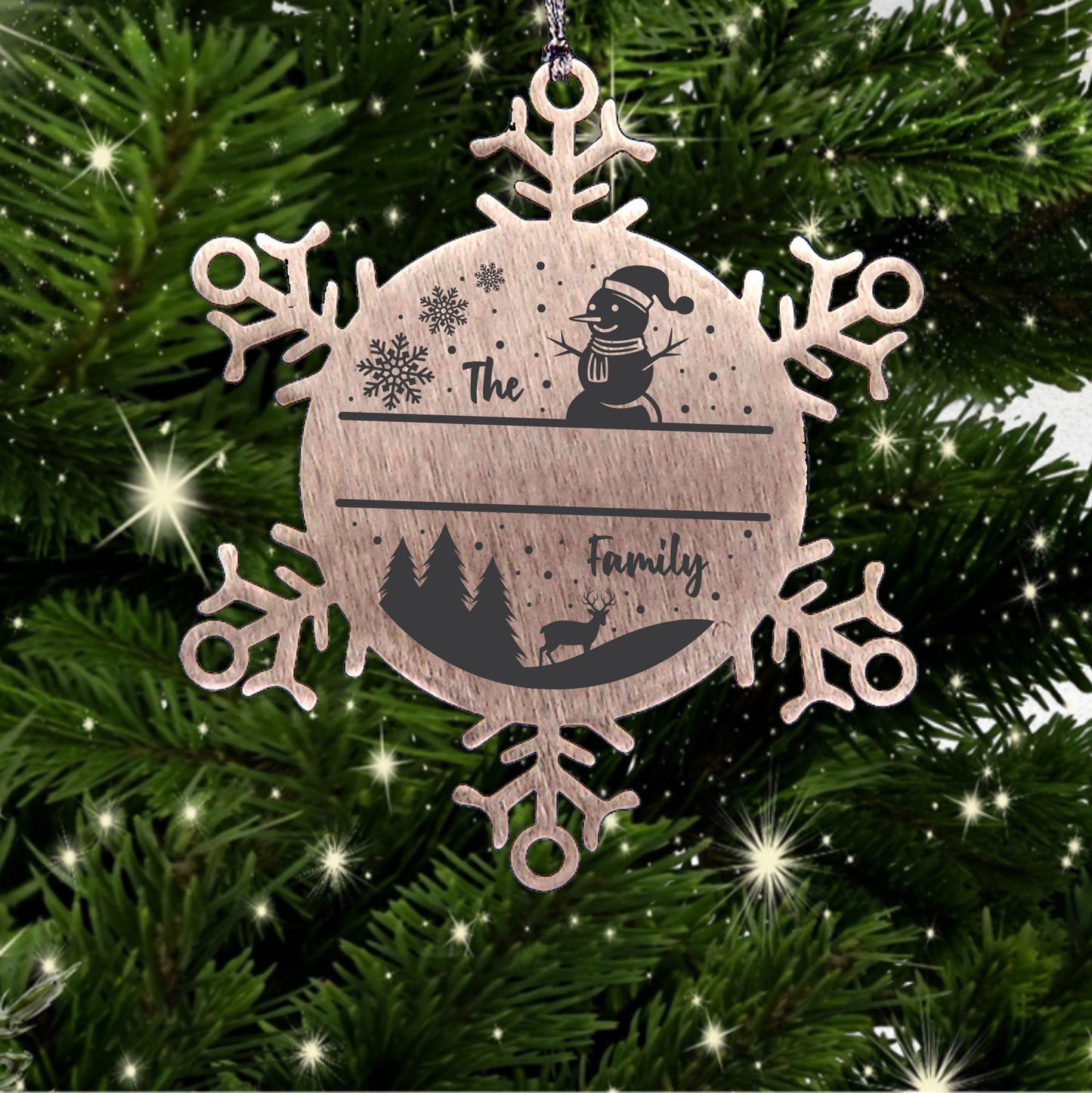 Personalized Snowman Snowflake Christmas Tree Ornament Family Name Laser Engraved Stainless Steel