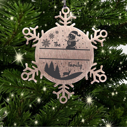 Personalized Snowman Snowflake Christmas Tree Ornament Family Name Laser Engraved Stainless Steel