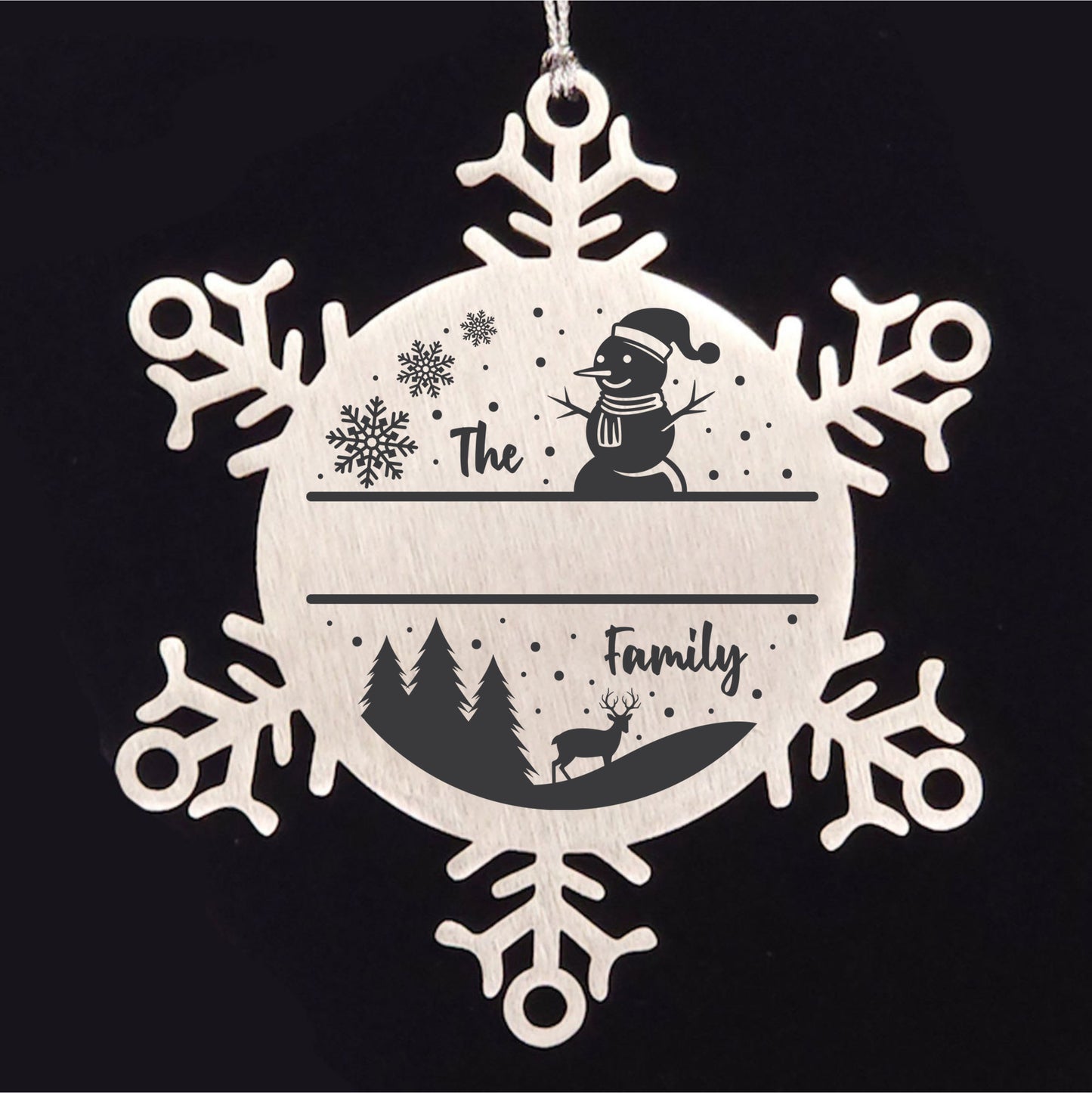 Personalized Snowman Snowflake Christmas Tree Ornament Family Name Laser Engraved Stainless Steel