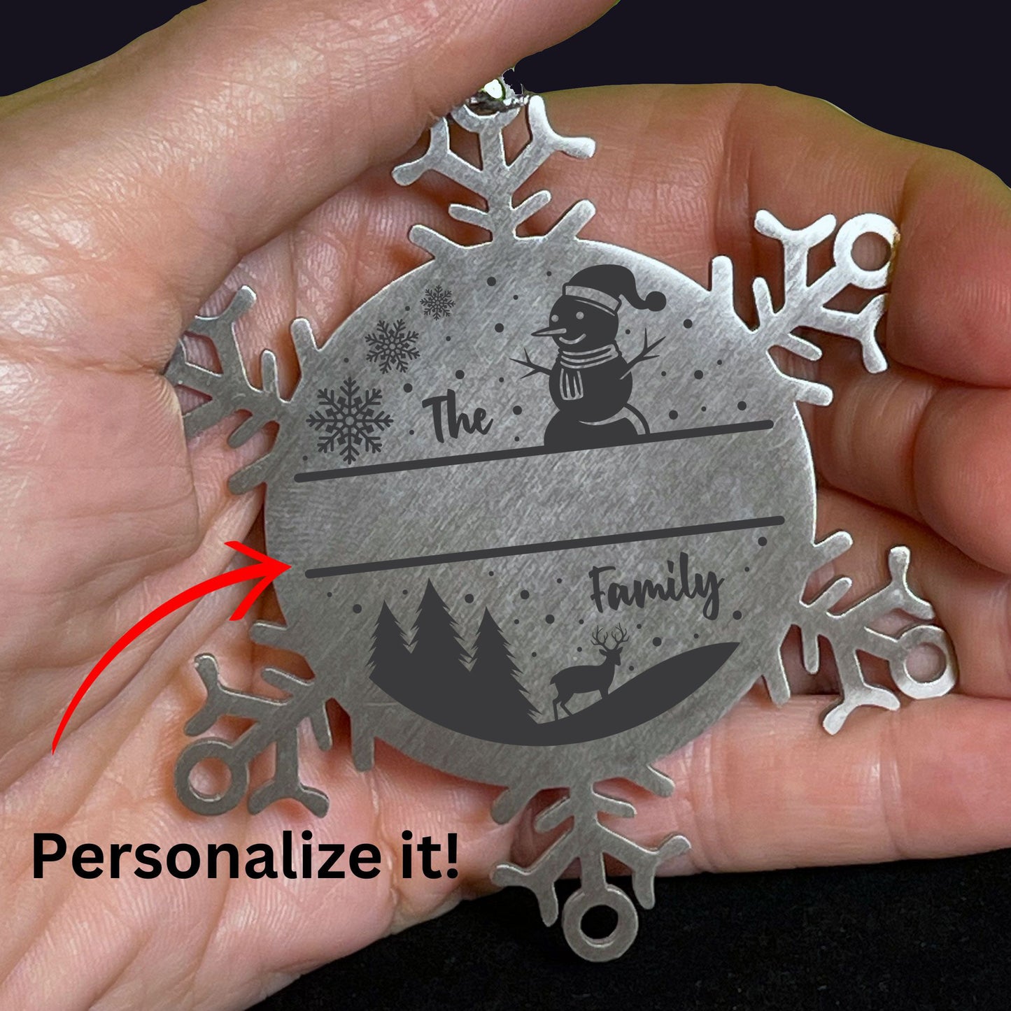 Personalized Snowman Snowflake Christmas Tree Ornament Family Name Laser Engraved Stainless Steel