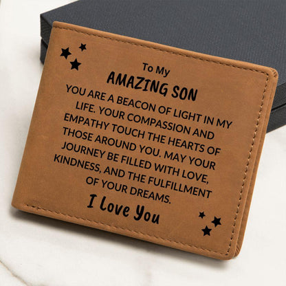 Son Birthday Graduation Beacon of Light Custom Leather Wallet - Mallard Moon Gift Shop