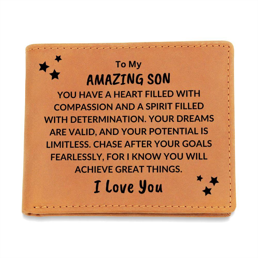 Son Birthday Graduation - Chase your Dreams - Custom Leather Wallet - Mallard Moon Gift Shop