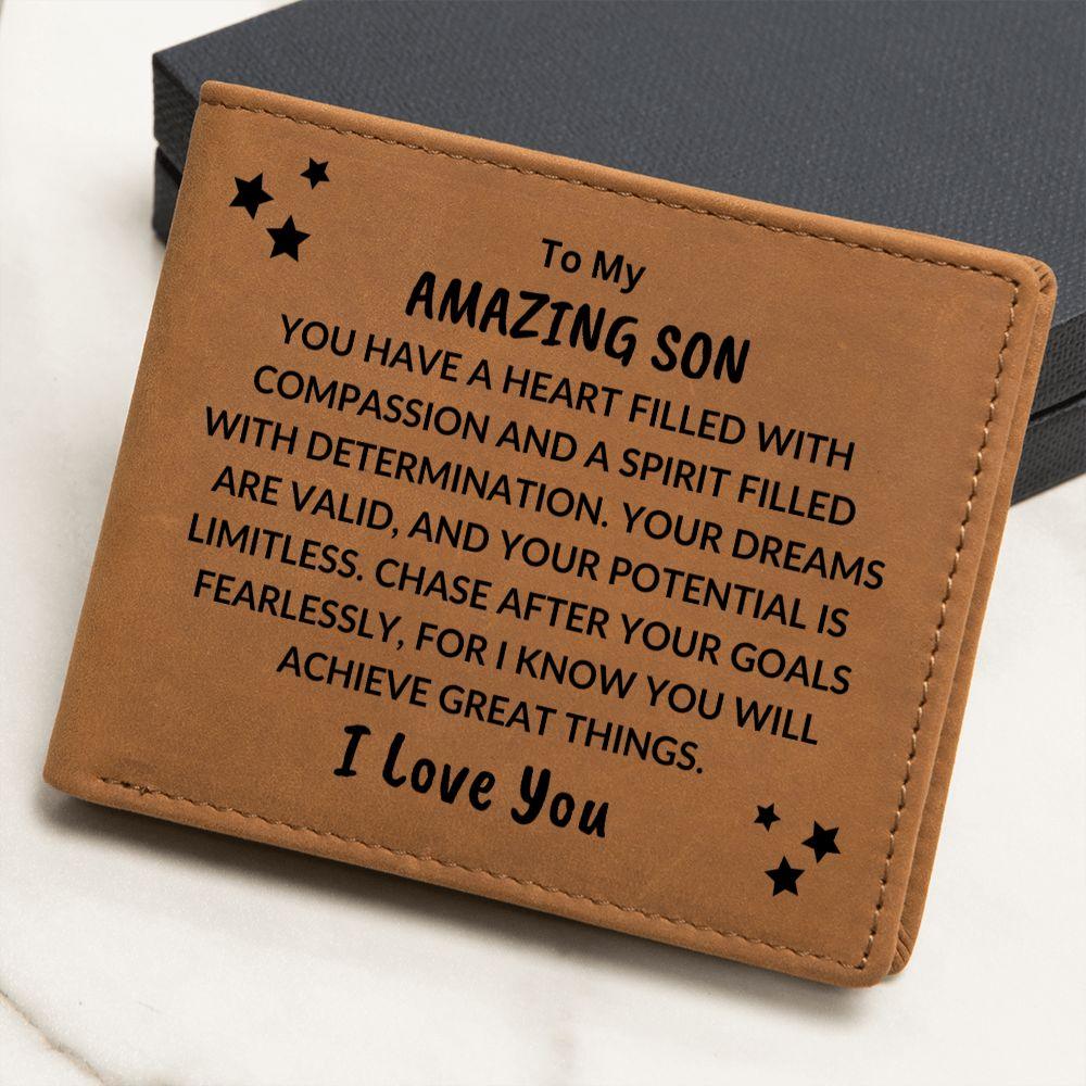 Son Birthday Graduation - Chase your Dreams - Custom Leather Wallet - Mallard Moon Gift Shop