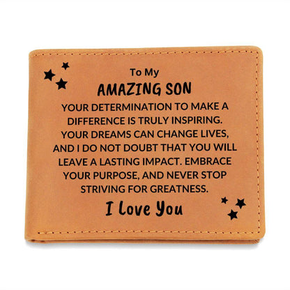 Son Birthday Graduation - Embrace Your Purpose - Custom Leather Wallet - Mallard Moon Gift Shop