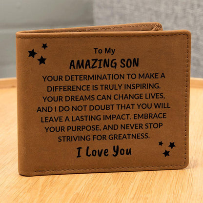 Son Birthday Graduation - Embrace Your Purpose - Custom Leather Wallet - Mallard Moon Gift Shop