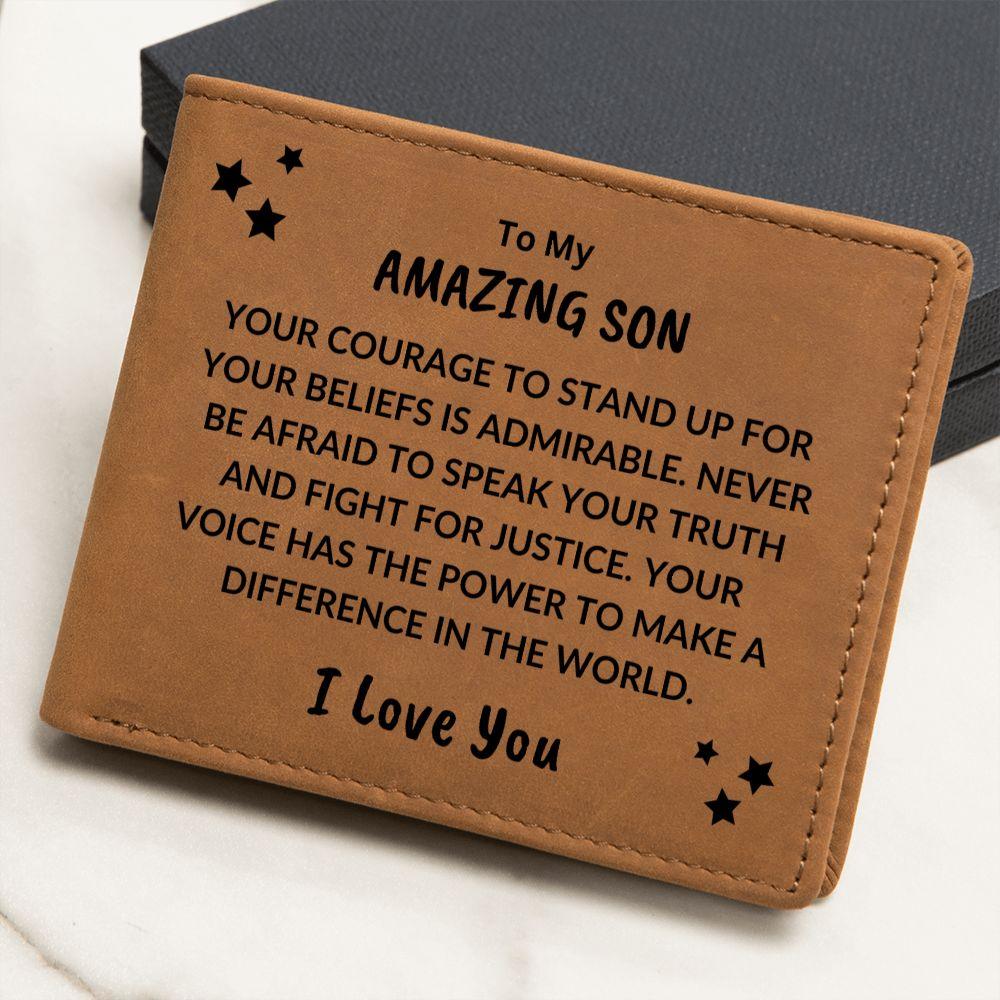 Son Birthday Graduation - Fight For Justice - Custom Leather Wallet - Mallard Moon Gift Shop