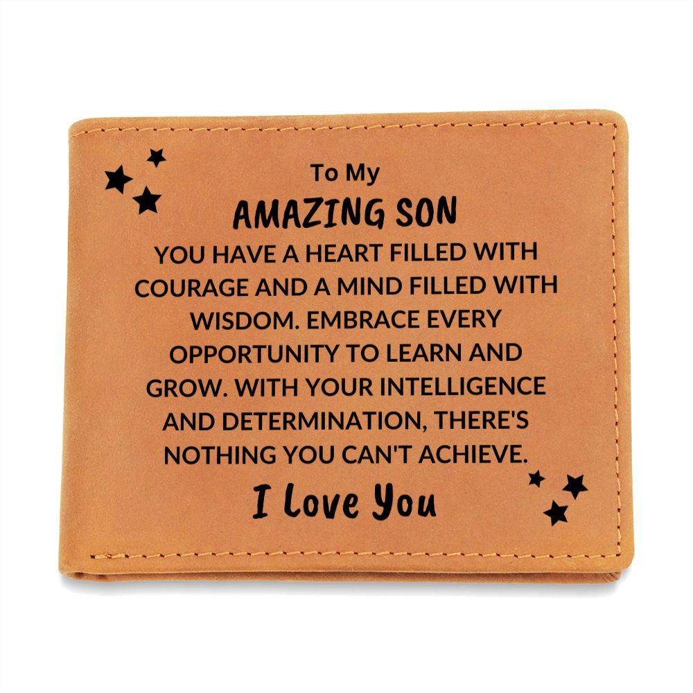 Son Birthday Graduation - Heart Filled with Courage - Custom Leather Wallet - Mallard Moon Gift Shop