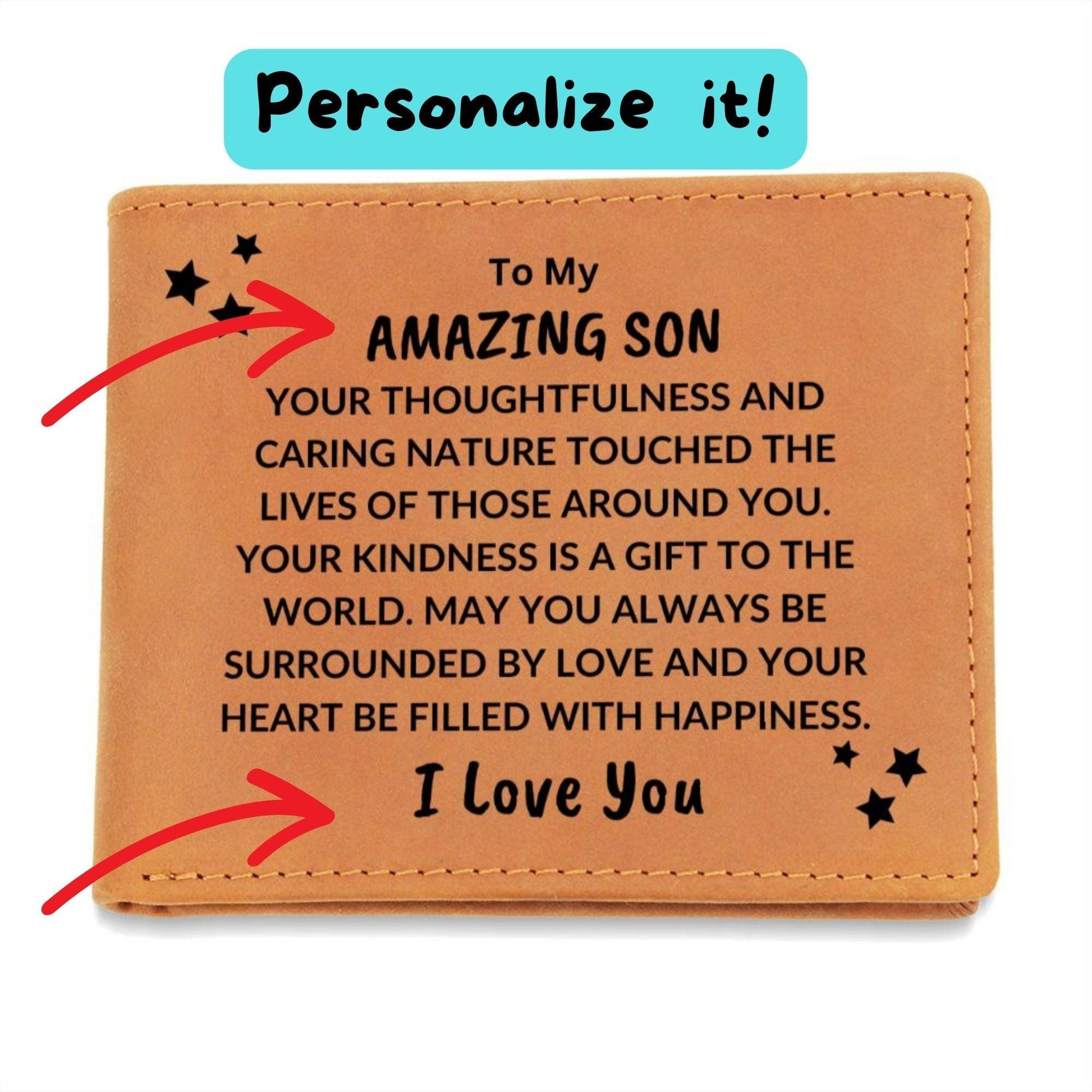 Son Birthday Graduation - Heart Filled with Happiness - Custom Leather Wallet - Mallard Moon Gift Shop