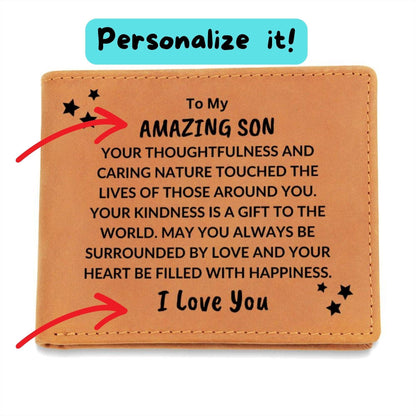 Son Birthday Graduation - Heart Filled with Happiness - Custom Leather Wallet - Mallard Moon Gift Shop