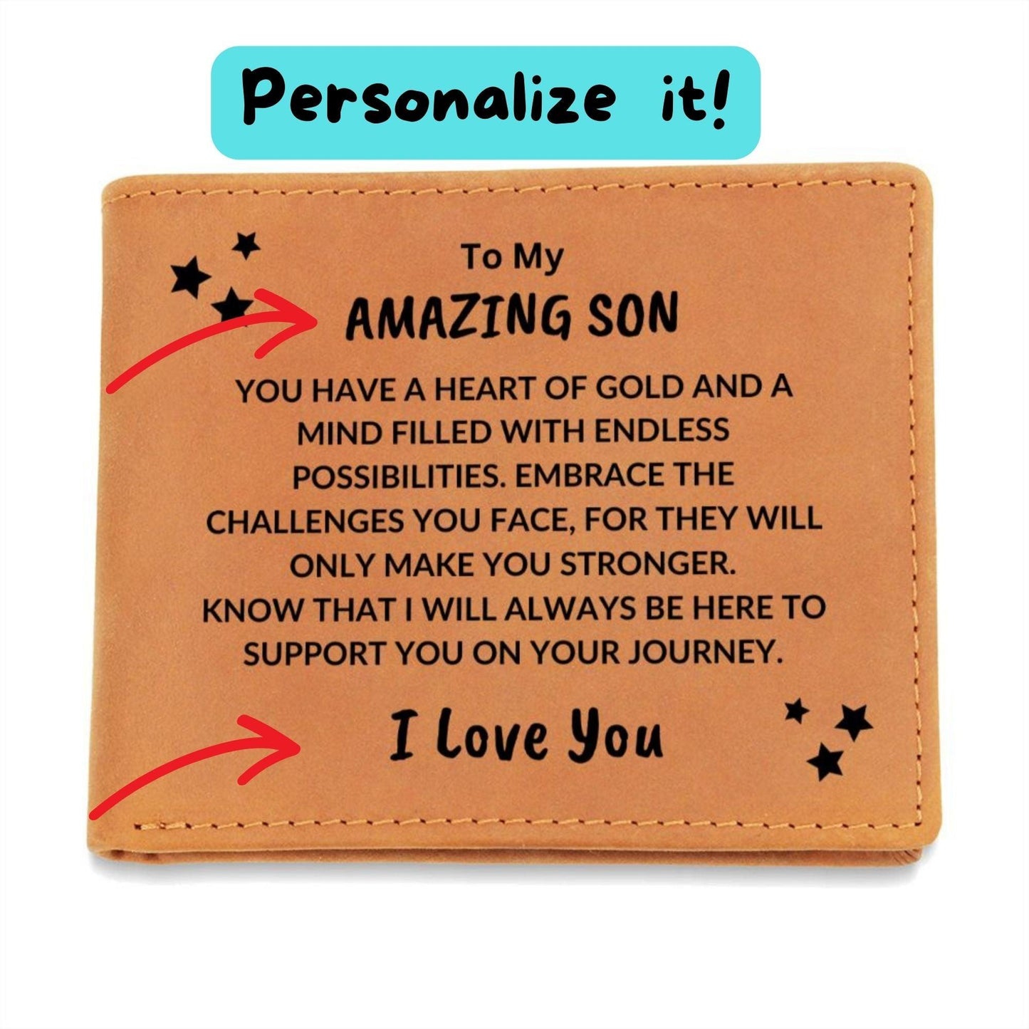 Son Birthday Graduation - I Will Always Be Here - Custom Leather Wallet - Mallard Moon Gift Shop