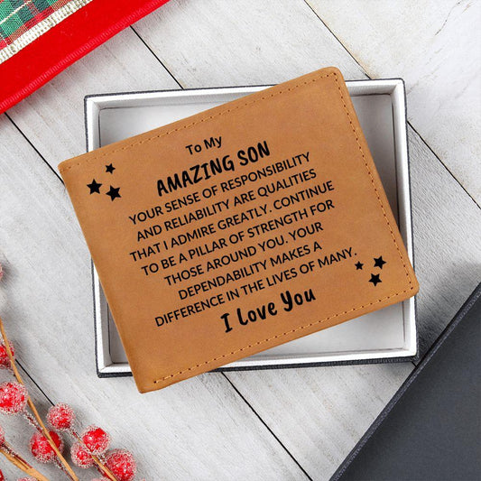 Son Birthday Graduation - Pillar of Strength - Custom Leather Wallet - Mallard Moon Gift Shop