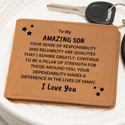 Son Birthday Graduation - Pillar of Strength - Custom Leather Wallet - Mallard Moon Gift Shop