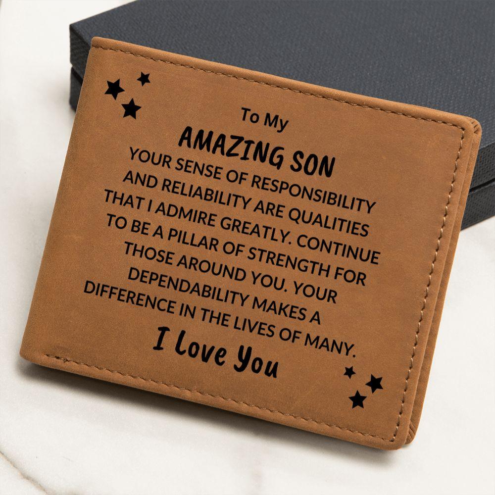 Son Birthday Graduation - Pillar of Strength - Custom Leather Wallet - Mallard Moon Gift Shop