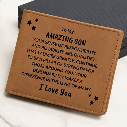 Son Birthday Graduation - Pillar of Strength - Custom Leather Wallet - Mallard Moon Gift Shop