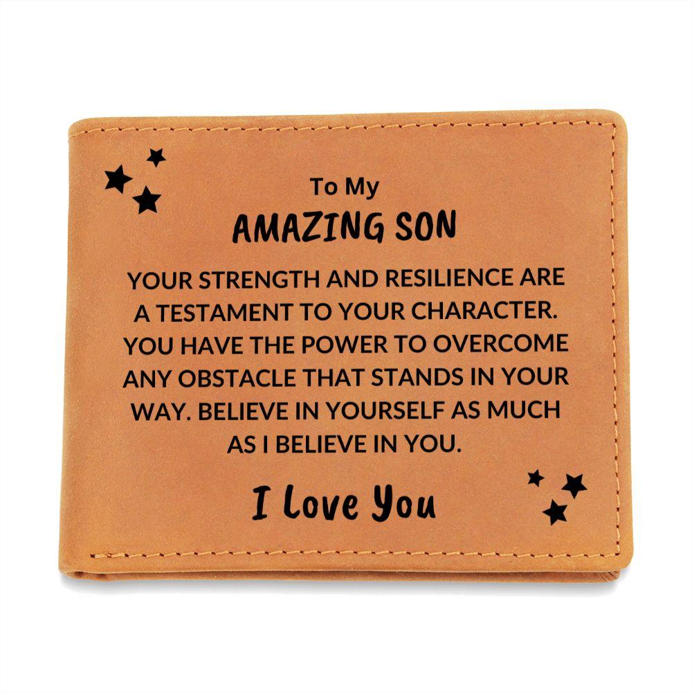 Son Birthday Graduation - Power to Overcome - Custom Leather Wallet - Mallard Moon Gift Shop