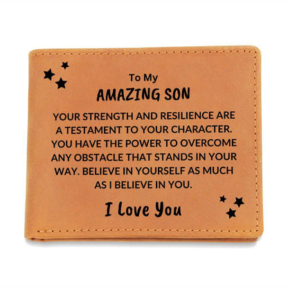 Son Birthday Graduation - Power to Overcome - Custom Leather Wallet - Mallard Moon Gift Shop