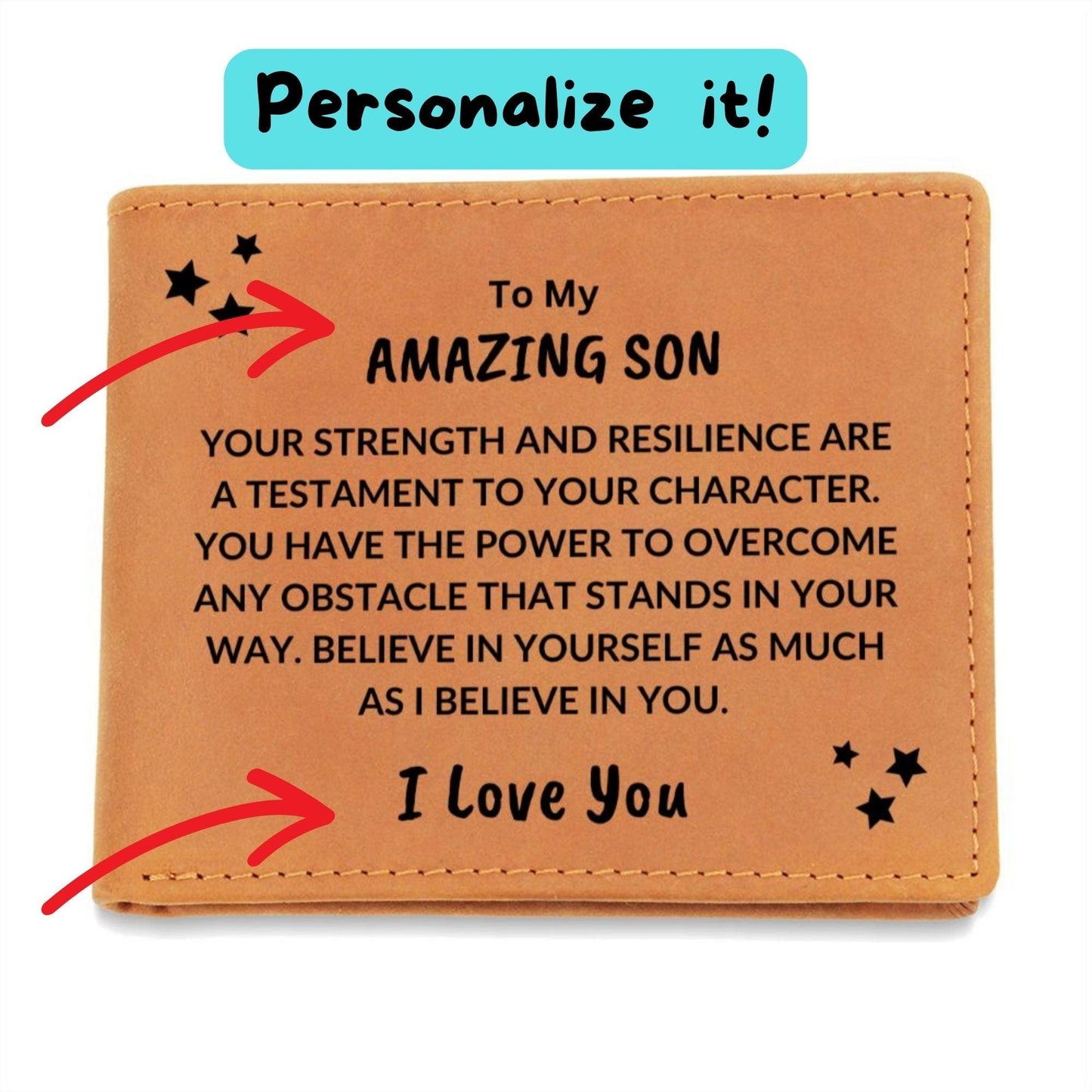 Son Birthday Graduation - Power to Overcome - Custom Leather Wallet - Mallard Moon Gift Shop