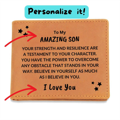 Son Birthday Graduation - Power to Overcome - Custom Leather Wallet - Mallard Moon Gift Shop