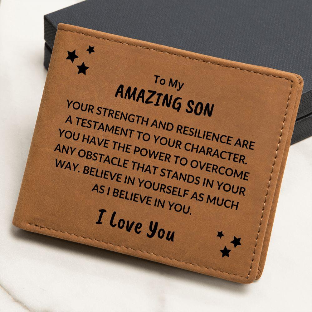 Son Birthday Graduation - Power to Overcome - Custom Leather Wallet - Mallard Moon Gift Shop