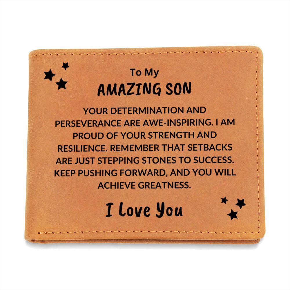 Son Birthday Graduation - Proud of your Strength - Custom Leather Wallet - Mallard Moon Gift Shop