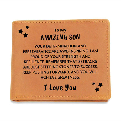 Son Birthday Graduation - Proud of your Strength - Custom Leather Wallet - Mallard Moon Gift Shop