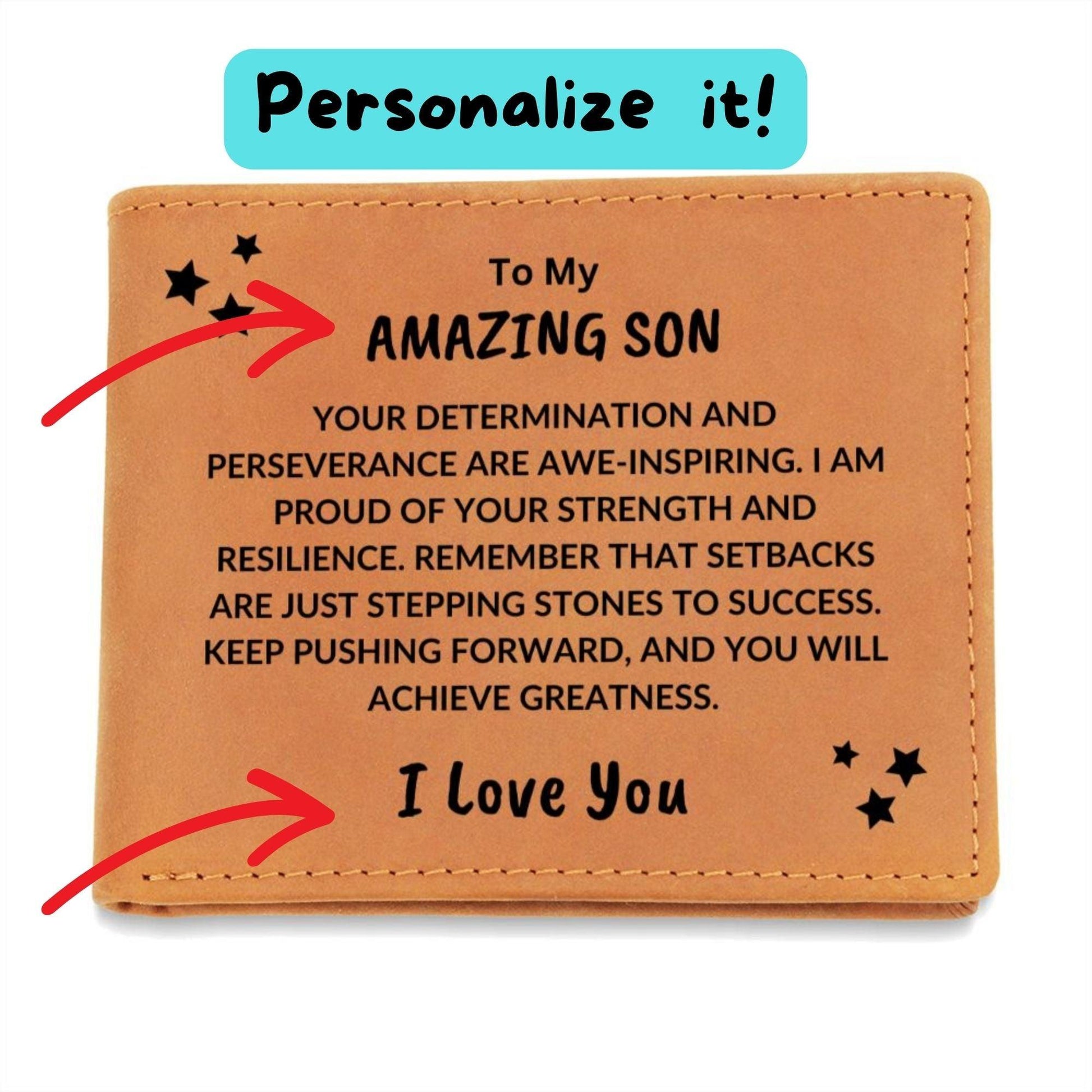 Son Birthday Graduation - Proud of your Strength - Custom Leather Wallet - Mallard Moon Gift Shop