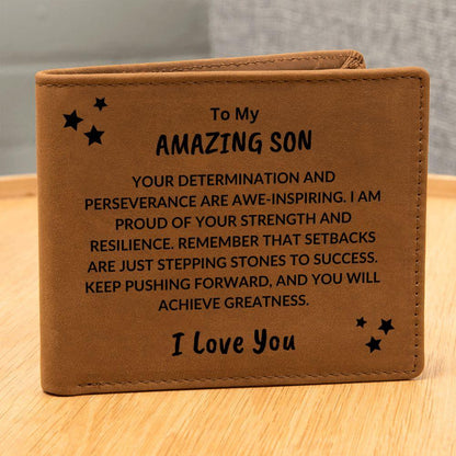 Son Birthday Graduation - Proud of your Strength - Custom Leather Wallet - Mallard Moon Gift Shop