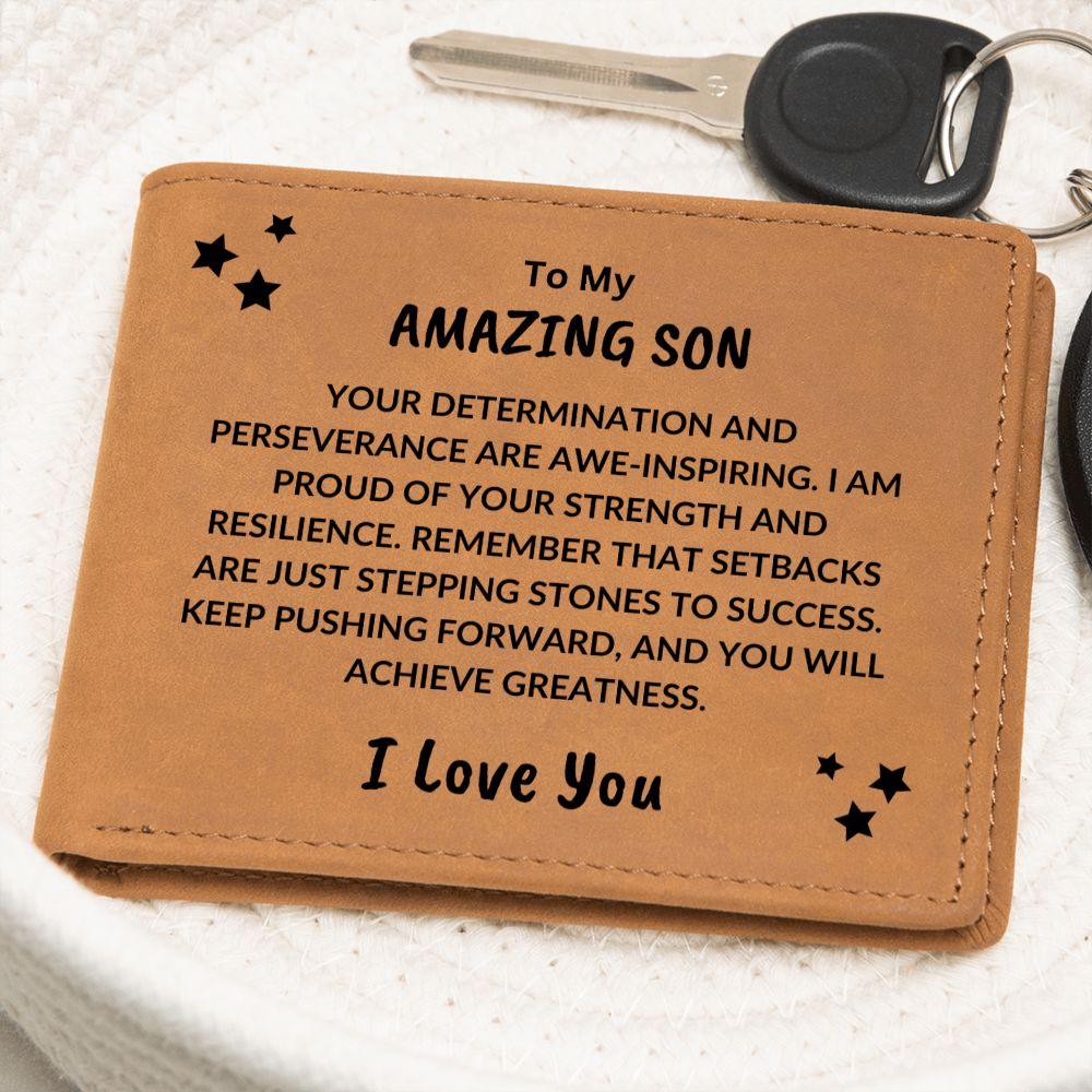 Son Birthday Graduation - Proud of your Strength - Custom Leather Wallet - Mallard Moon Gift Shop