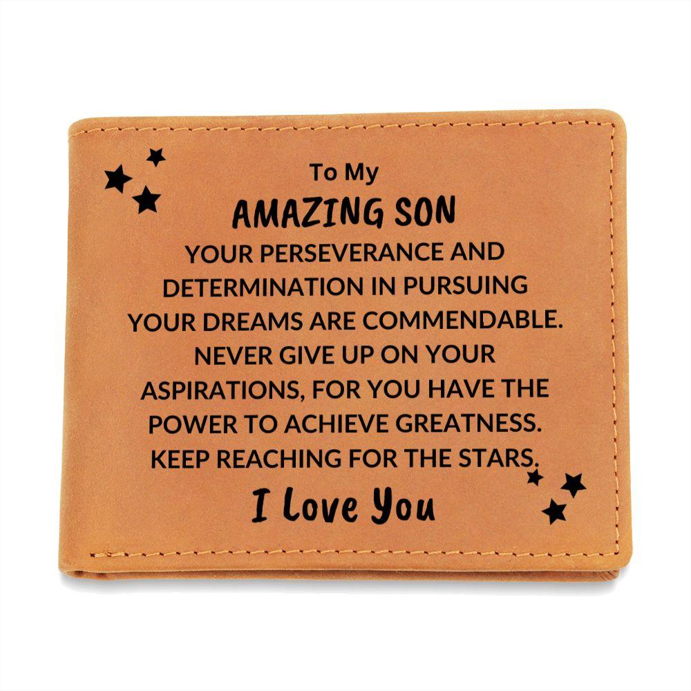 Son Birthday Graduation - Pursue Your Dreams and Reach for the Stars - Custom Leather Wallet - Mallard Moon Gift Shop