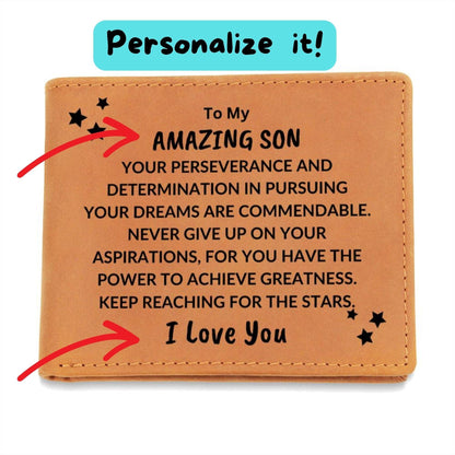 Son Birthday Graduation - Pursue Your Dreams and Reach for the Stars - Custom Leather Wallet - Mallard Moon Gift Shop