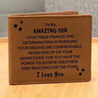 Son Birthday Graduation - Pursue Your Dreams and Reach for the Stars - Custom Leather Wallet - Mallard Moon Gift Shop