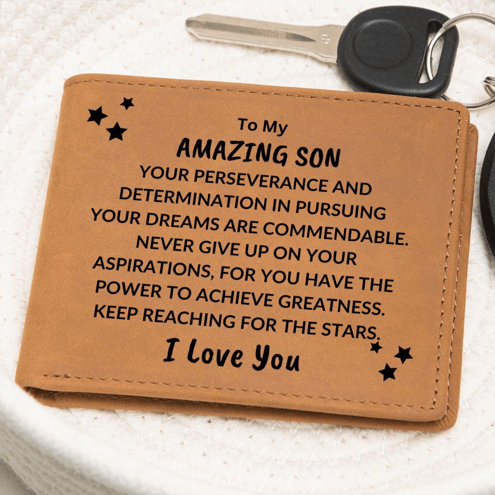 Son Birthday Graduation - Pursue Your Dreams and Reach for the Stars - Custom Leather Wallet - Mallard Moon Gift Shop