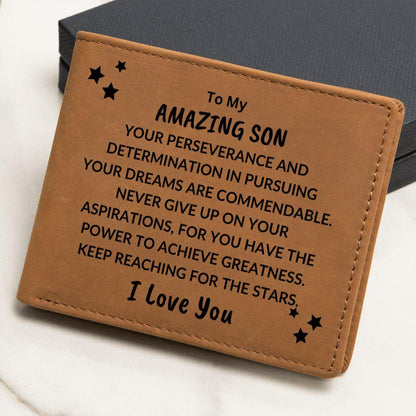 Son Birthday Graduation - Pursue Your Dreams and Reach for the Stars - Custom Leather Wallet - Mallard Moon Gift Shop