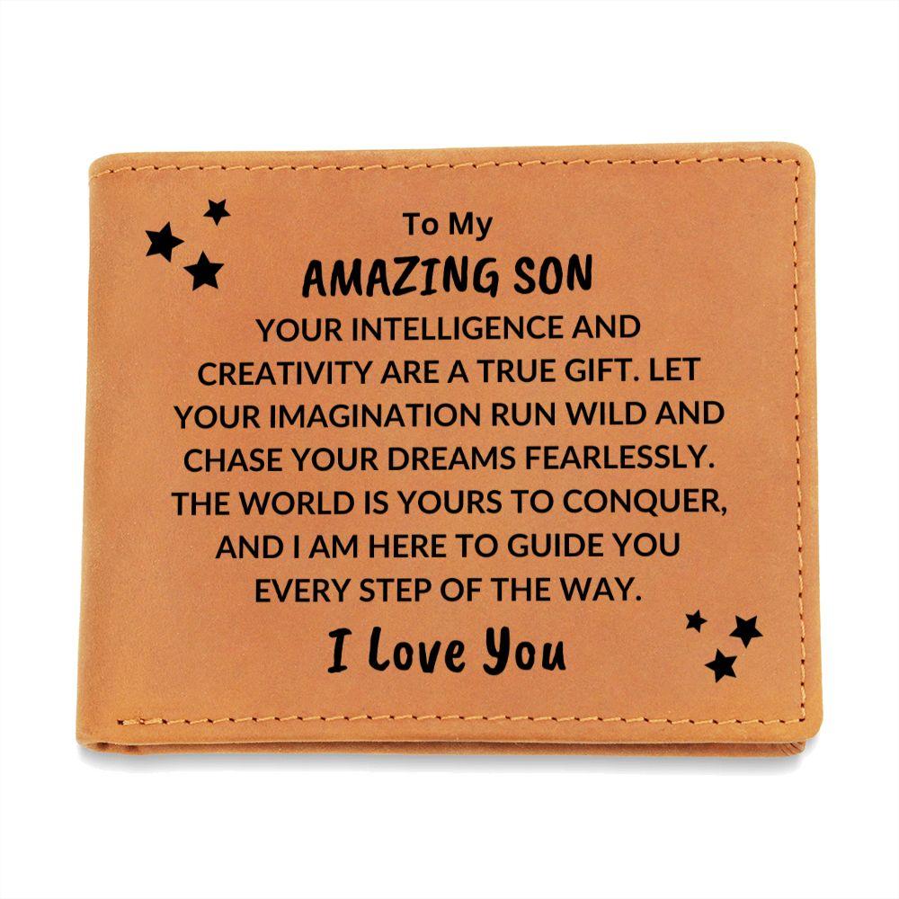 Son Birthday Graduation - The World is Yours to Conquer - Custom Leather Wallet - Mallard Moon Gift Shop