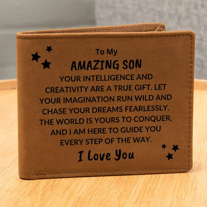 Son Birthday Graduation - The World is Yours to Conquer - Custom Leather Wallet - Mallard Moon Gift Shop