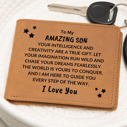 Son Birthday Graduation - The World is Yours to Conquer - Custom Leather Wallet - Mallard Moon Gift Shop