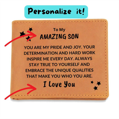 Son Birthday Graduation - You are my Pride and Joy - Custom Leather Wallet - Mallard Moon Gift Shop