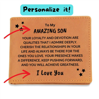 Son Birthday Graduation - You Will Achieve Greatness - Custom Leather Wallet - Mallard Moon Gift Shop