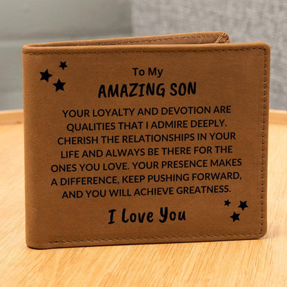 Son Birthday Graduation - You Will Achieve Greatness - Custom Leather Wallet - Mallard Moon Gift Shop