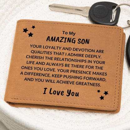 Son Birthday Graduation - You Will Achieve Greatness - Custom Leather Wallet - Mallard Moon Gift Shop