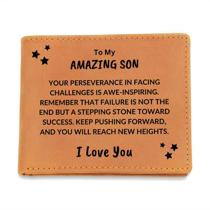 Son Birthday Graduation - You Will Reach New Heights - Custom Leather Wallet - Mallard Moon Gift Shop