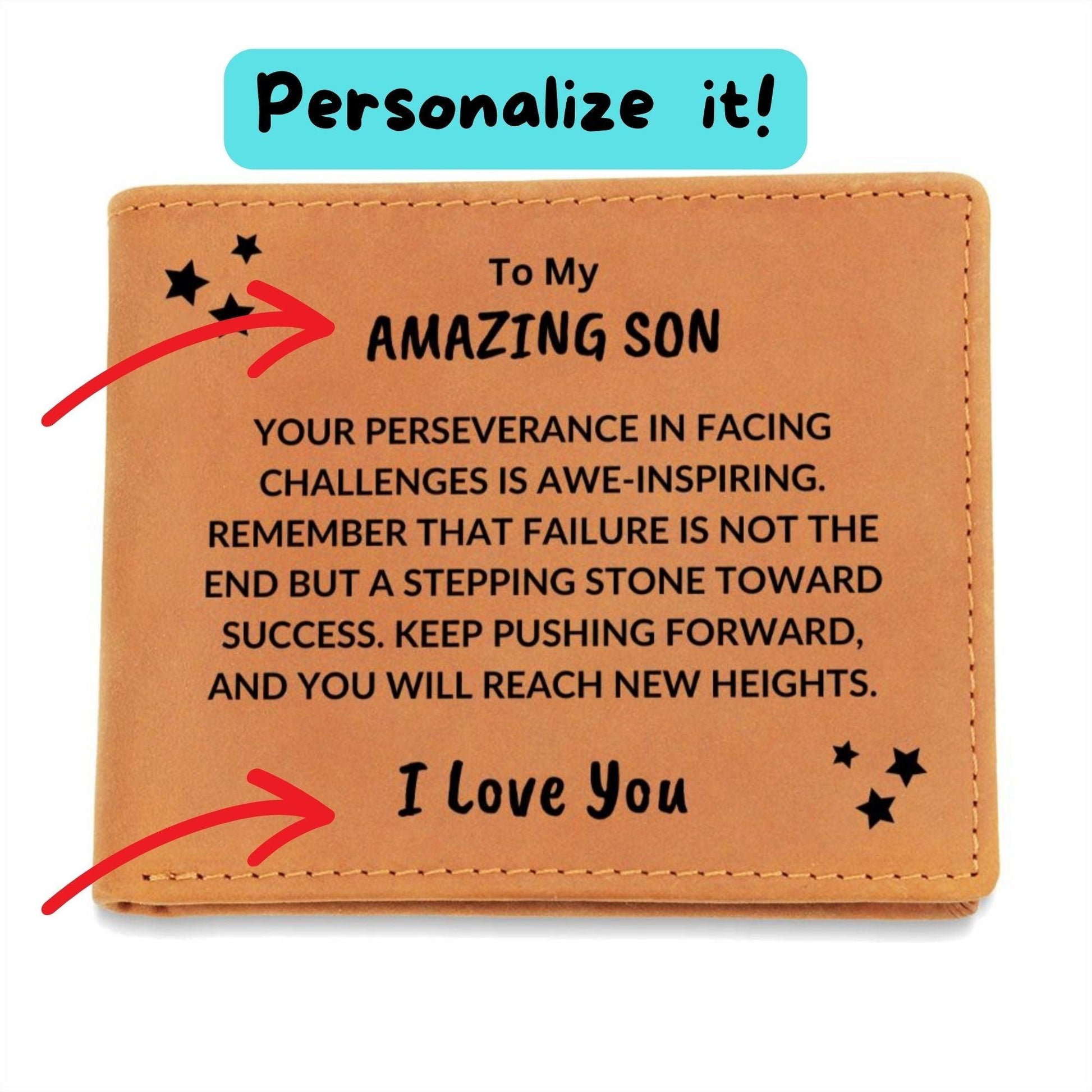 Son Birthday Graduation - You Will Reach New Heights - Custom Leather Wallet - Mallard Moon Gift Shop