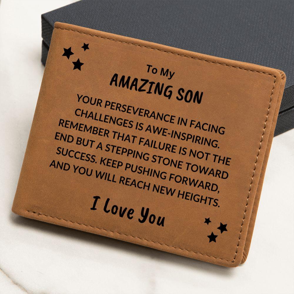 Son Birthday Graduation - You Will Reach New Heights - Custom Leather Wallet - Mallard Moon Gift Shop