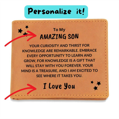 Son Birthday Graduation - Your Mind is a Treasure - Custom Leather Wallet - Mallard Moon Gift Shop