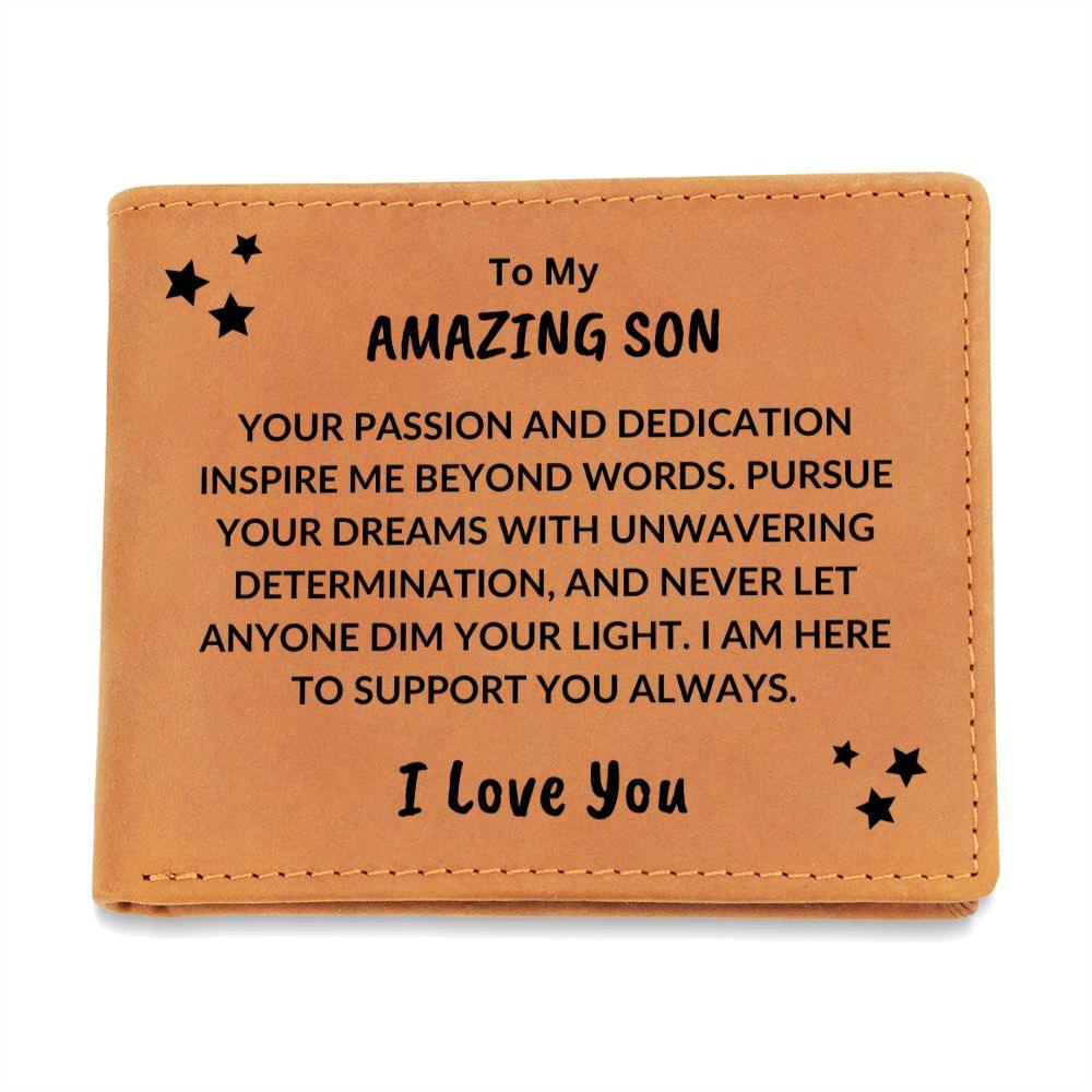 Son Graduation Birthday - Pursue Your Dreams - Custom Leather Wallet - Mallard Moon Gift Shop