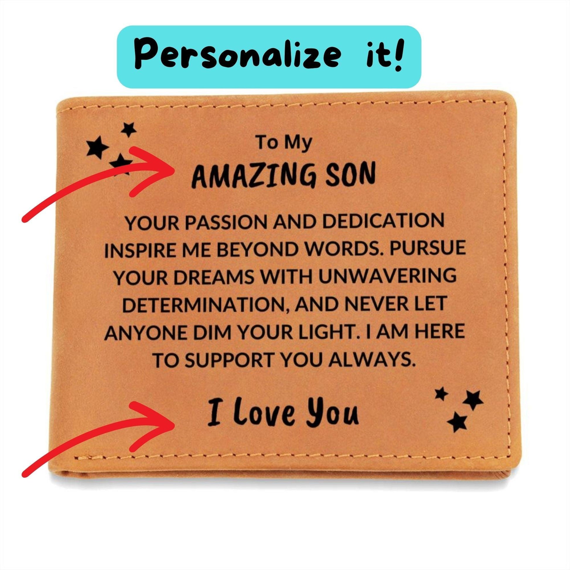 Son Graduation Birthday - Pursue Your Dreams - Custom Leather Wallet - Mallard Moon Gift Shop