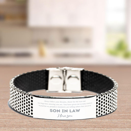 Son-in-law Stainless Steel Shark Mesh Engraved Bracelet - Always Follow your Dreams - Birthday, Christmas Holiday Jewelry Gift - Mallard Moon Gift Shop