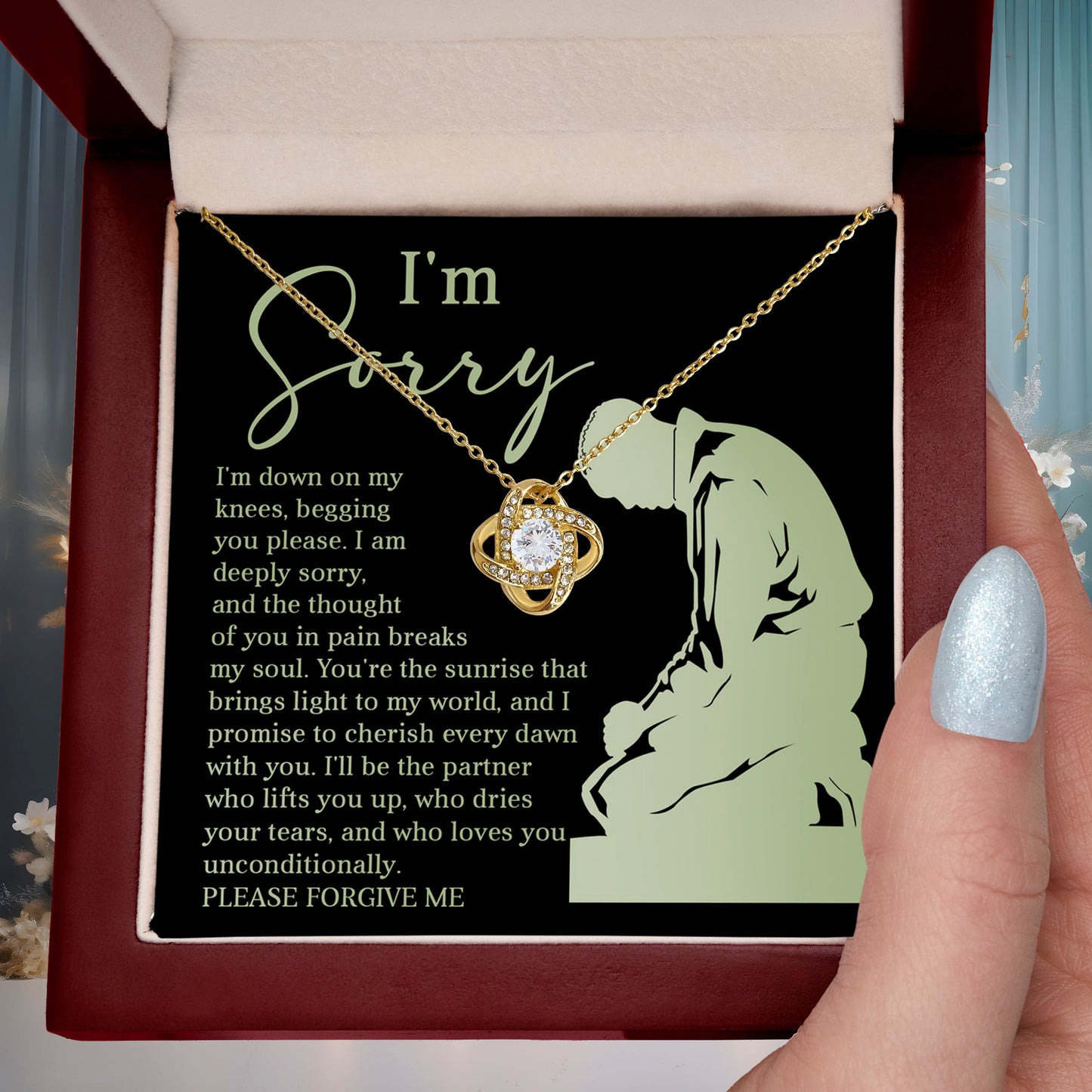 Apology Gift for Girlfriend, Wife, Soulmate - Sorry, On My Knees - Love Knot Pendant Necklace