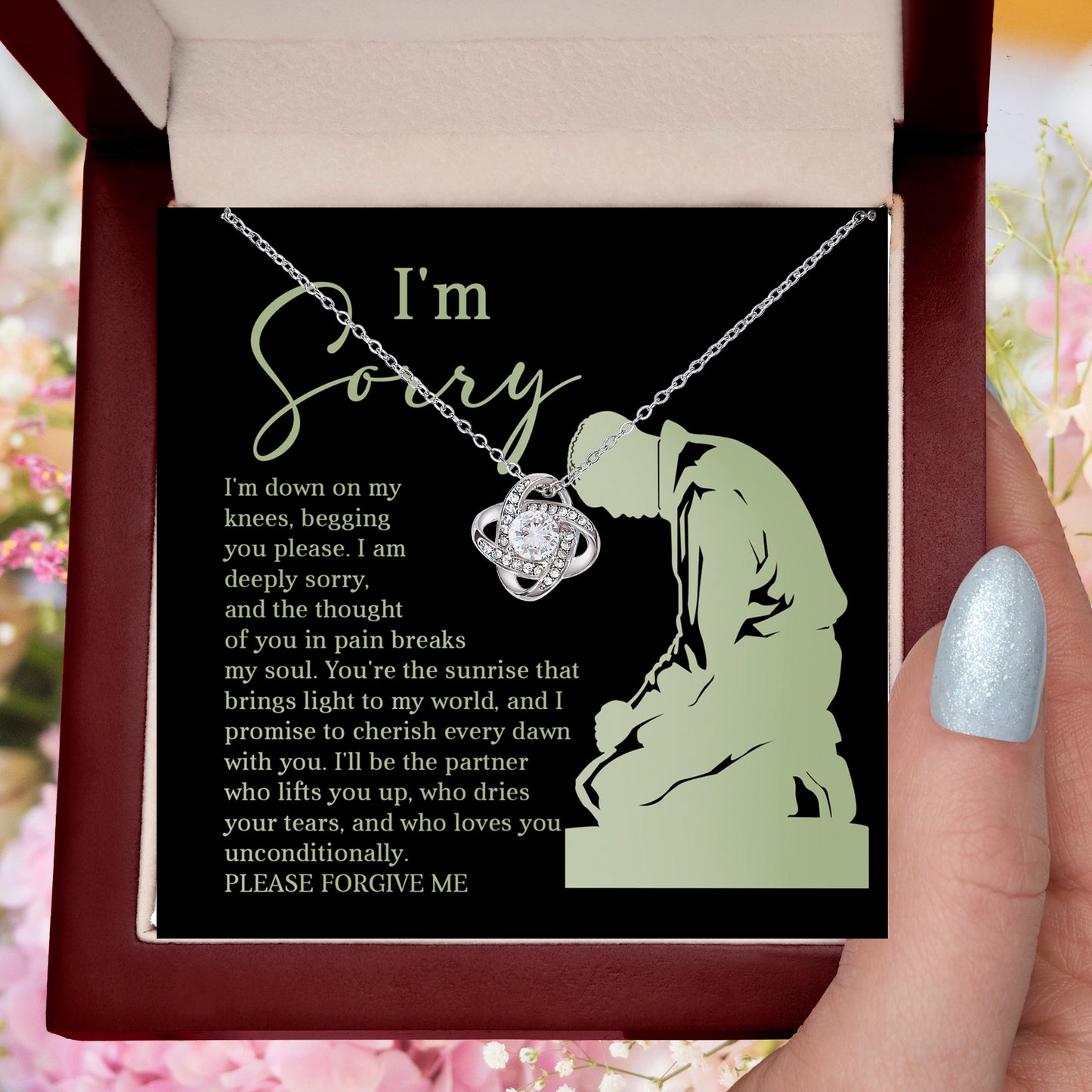 Apology Gift for Girlfriend, Wife, Soulmate - Sorry, On My Knees - Love Knot Pendant Necklace