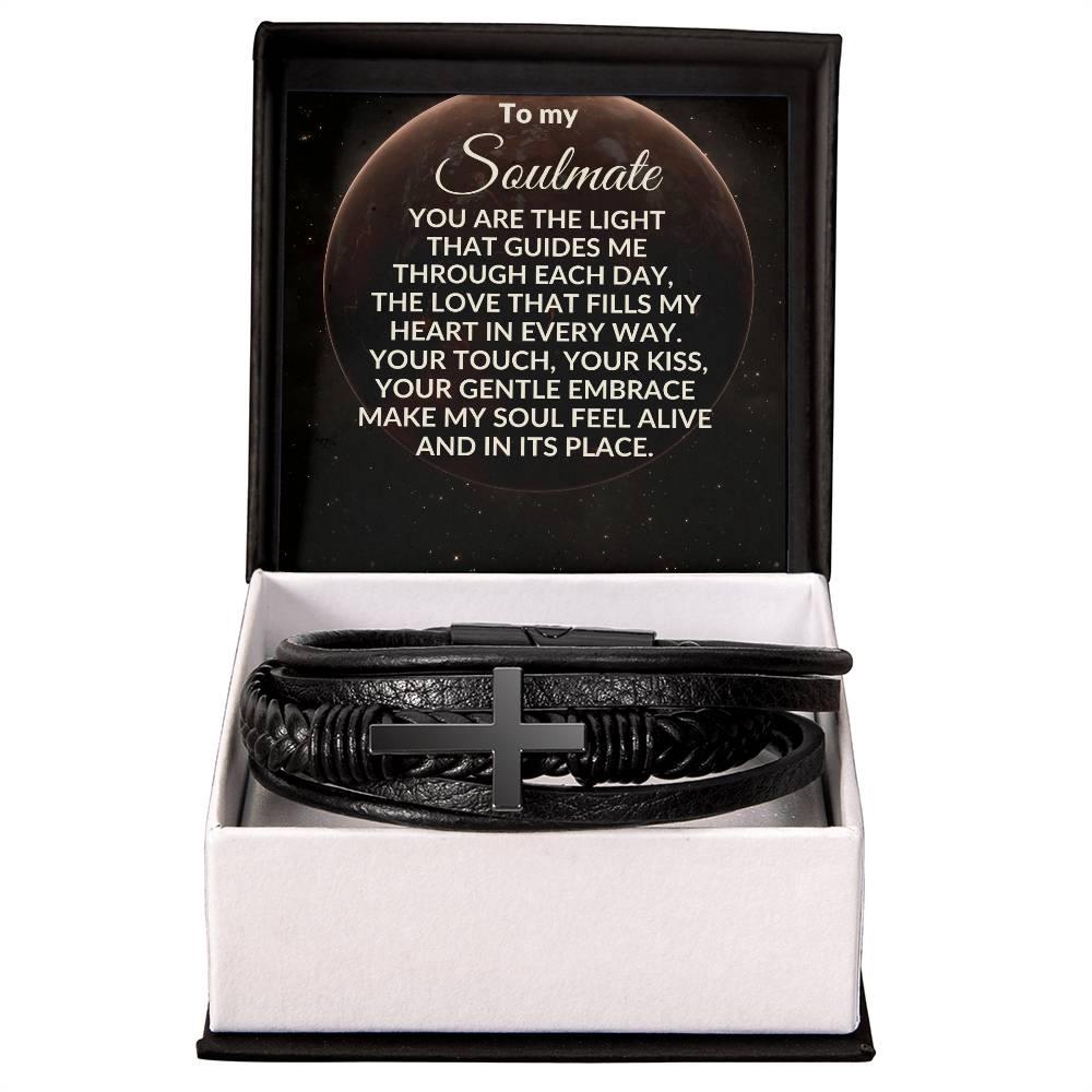 Soulmate - You are the Light That Guides Me - Men's Cross Leather Bracelet - Mallard Moon Gift Shop